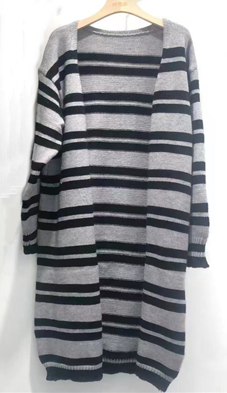 Women's Cozy Knit Coat with Casual Stripe Pattern