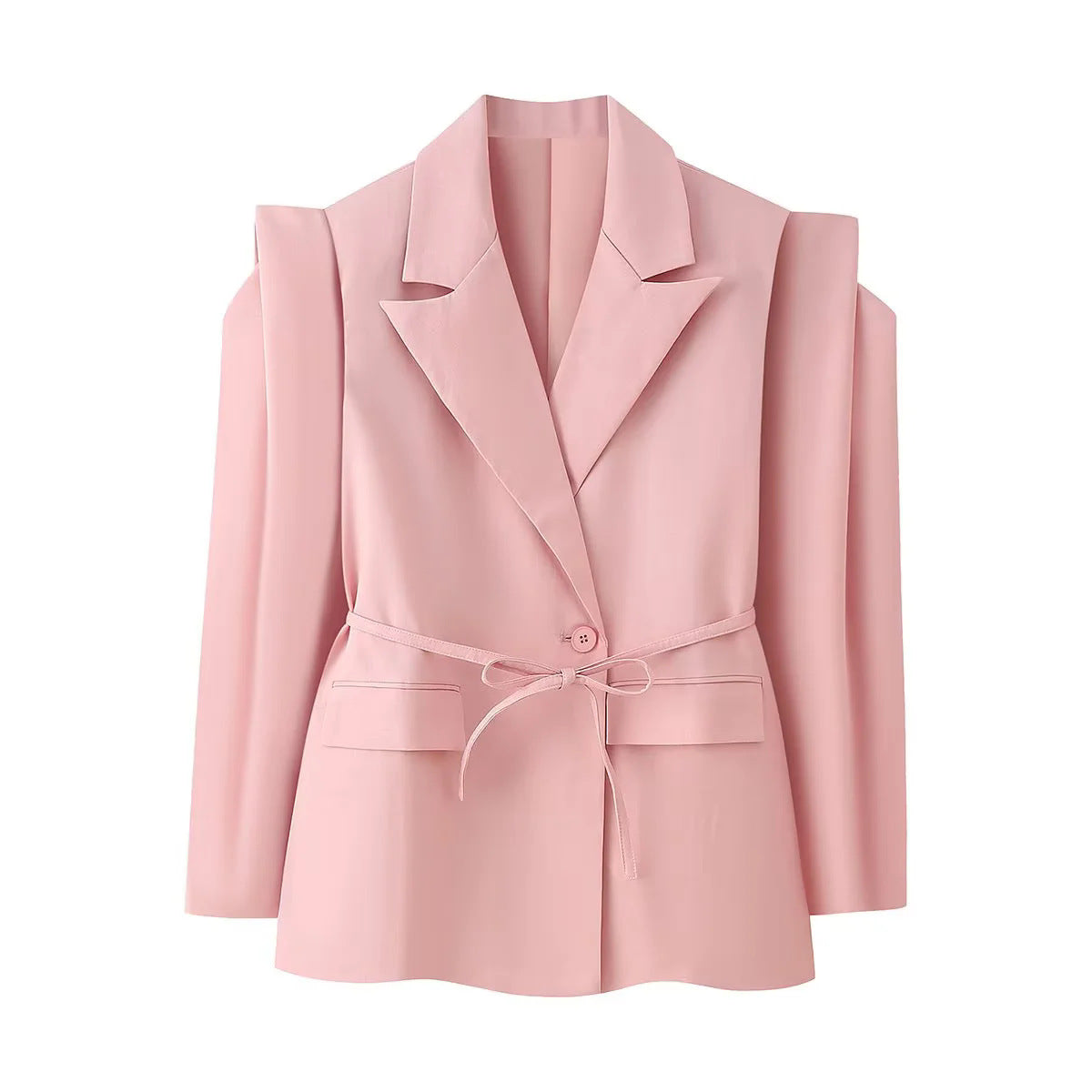 Women's Elegant Oversized Blazer Jacket with Belt and Shoulder Pads