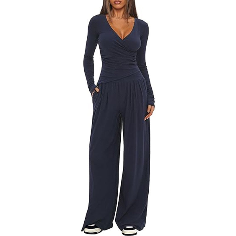 Women's Elegant Wrap Jumpsuit with Wide Leg and Fashionable Details