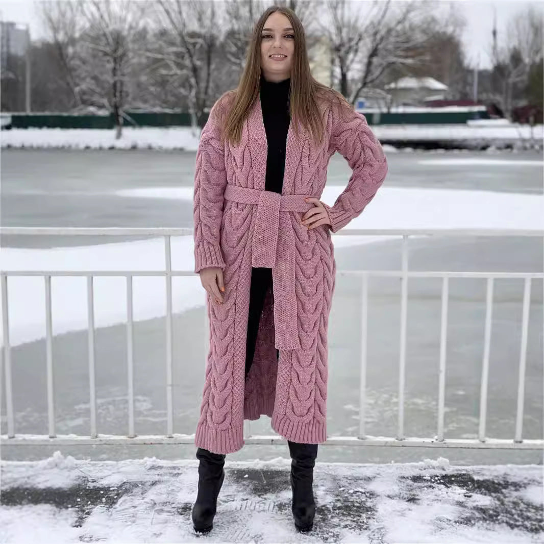 Women's Chunky Knit Coat with Distinctive Cable Knit Design and Open Front
