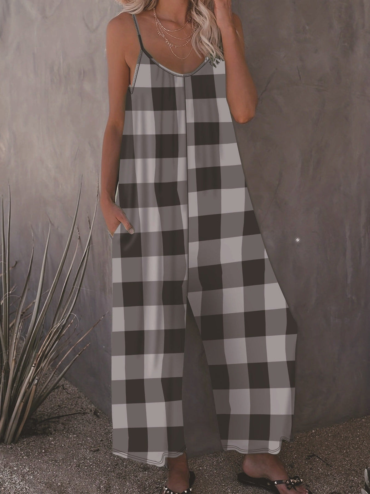 Women's Casual Plaid Jumpsuit with Pockets