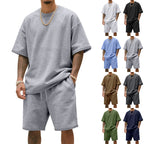 Men's relaxed jersey set with extended round neck t-shirt and elastic drawstring shorts