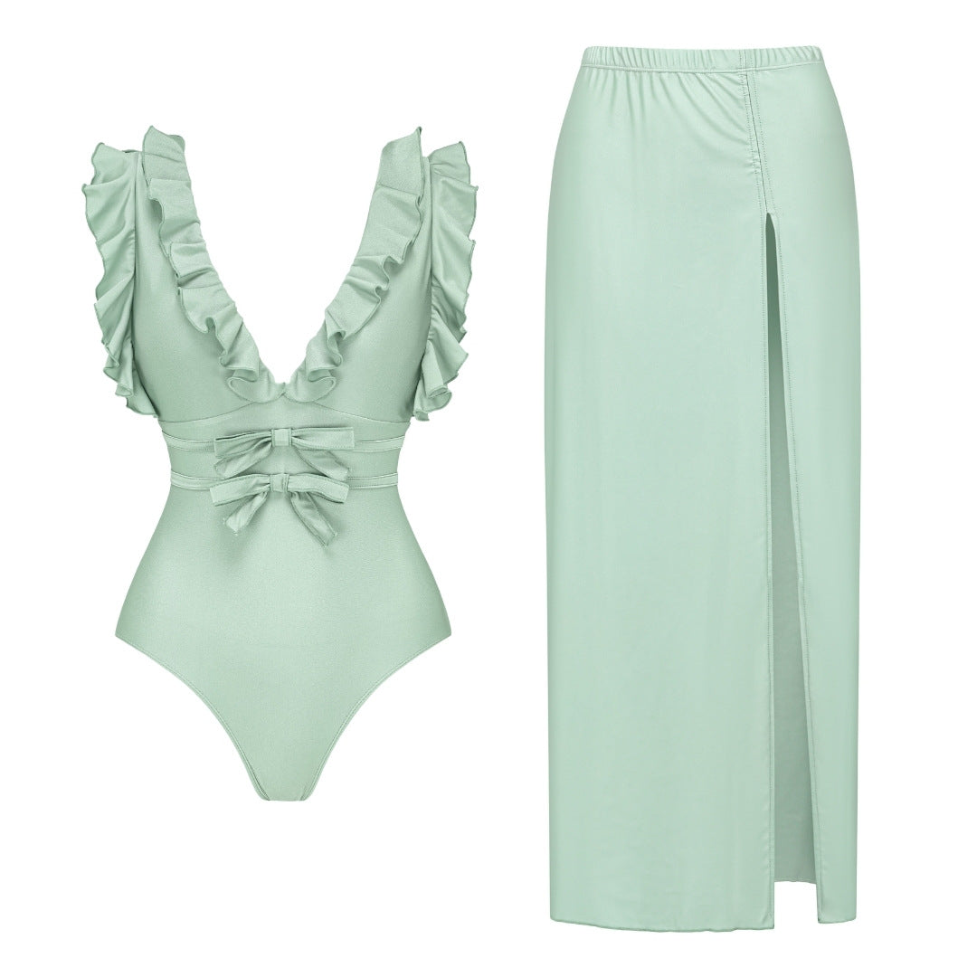 Women's Swimsuit with Voluminous Ruffles and Elegant Maxi Skirt