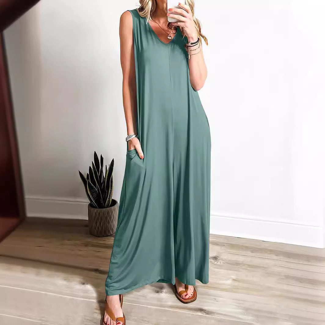 Women's Loose Jumpsuit with Deep V-Neck and Side Pockets