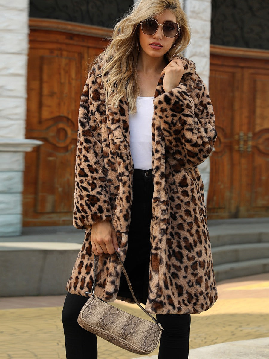 Elegant Leopard Print Faux Fur Coat
