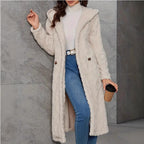 Women's Fluffy Coat with Hood and Button Closure