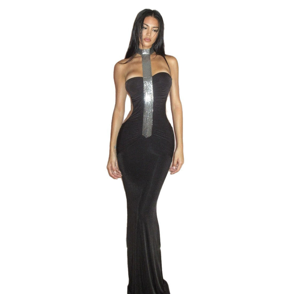 Women's Elegant Evening Dress with Slim Cut and Shiny Accents
