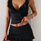 Women's Swim Outfit with Ruffled Top and High-Waisted Bottoms