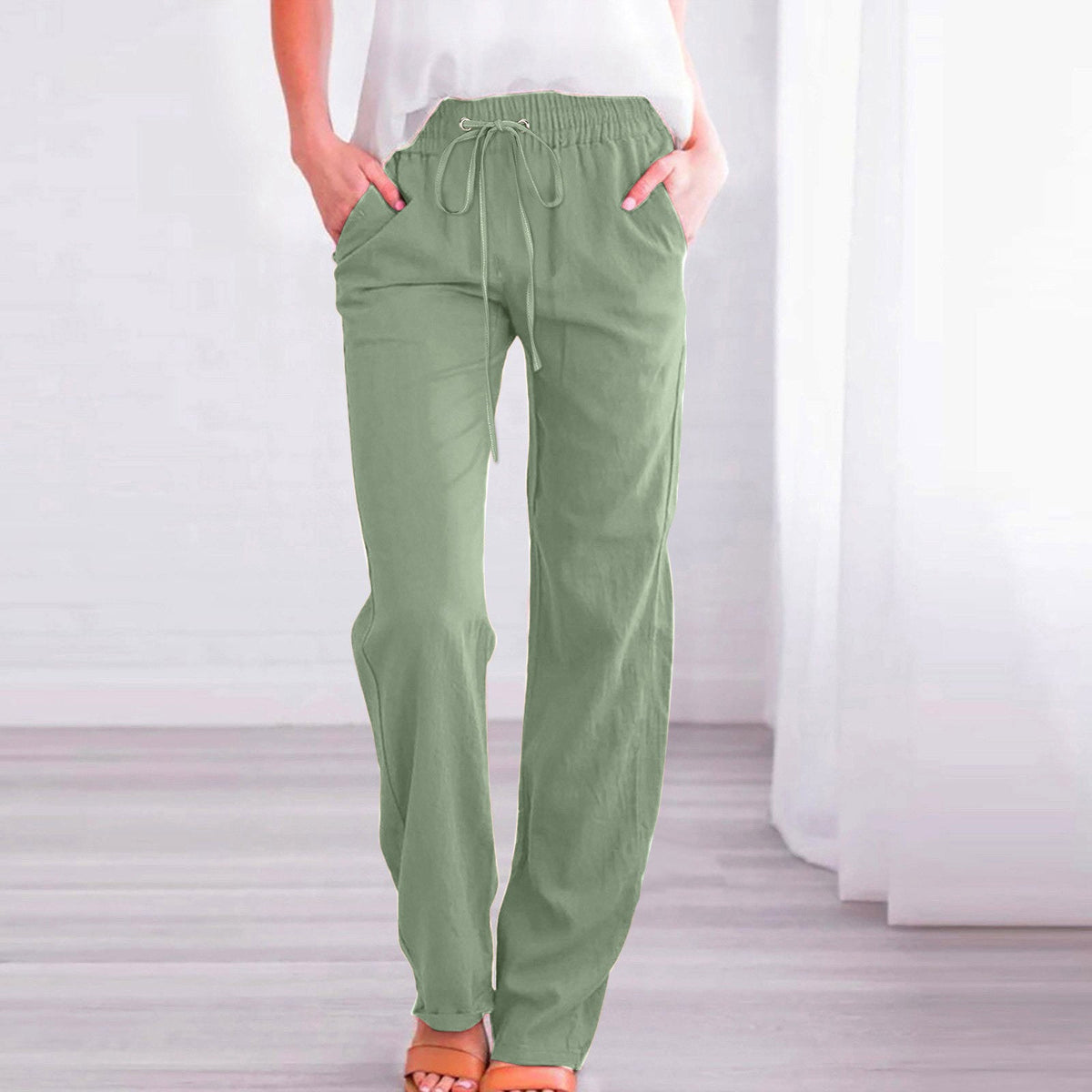 Women's Comfortable Linen Pants with Elastic Waist and Pockets