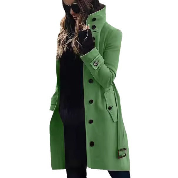 Women's Elegant Trench Coat with High Collar and Practical Pockets