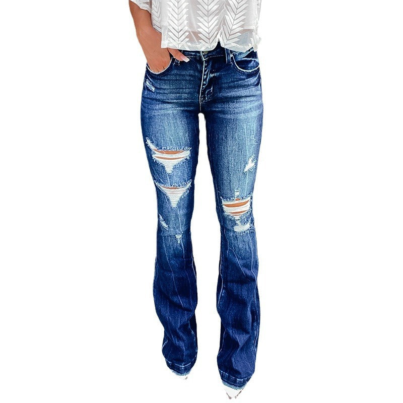 Women's Flared Jeans with Distressed Details and High Waist