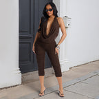 Women's Elegant and Form-Fitting Jumpsuit with Deep V-Neck and Ruching