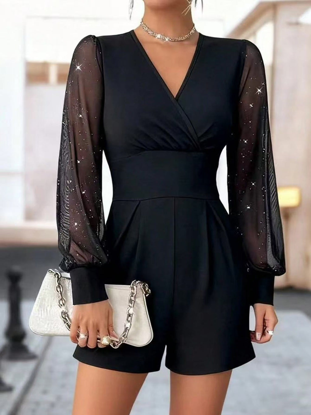Elegant Jumpsuit with Sheer Puff Sleeves and V-Neck