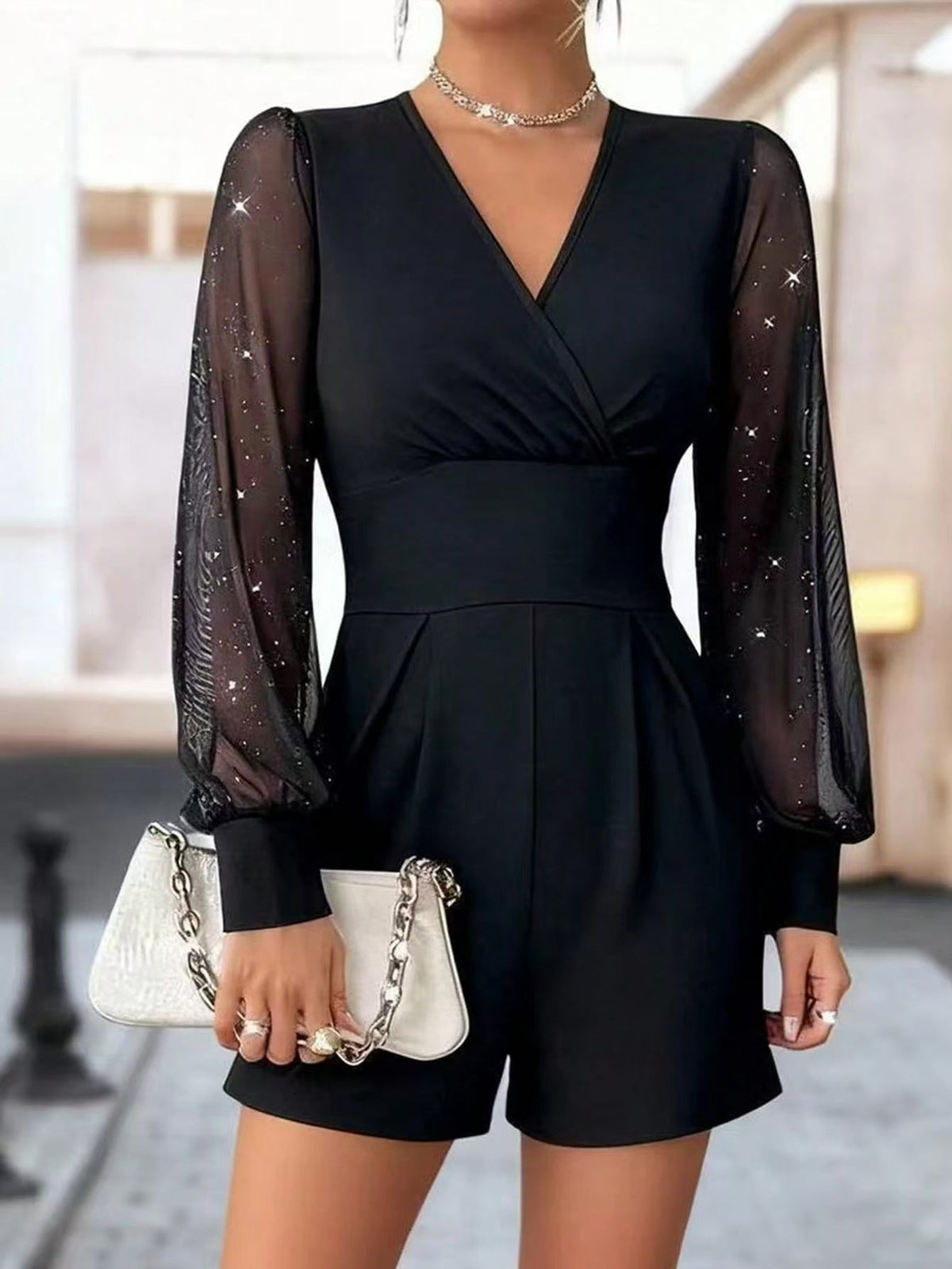 Elegant Jumpsuit with Sheer Puff Sleeves and V-Neck