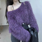 Women's Fluffy Off-Shoulder Long Sleeve Pullover