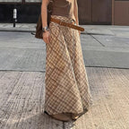 Women's Maxi Skirt with Elastic Waist and Plaid Pattern