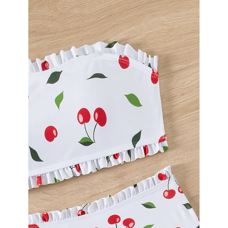 Women's Bandeau Bikini with Cherry Pattern and Ruffle