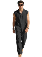 Men's sleeveless linen leisure set with lapel collar, chest pocket, and straight pants