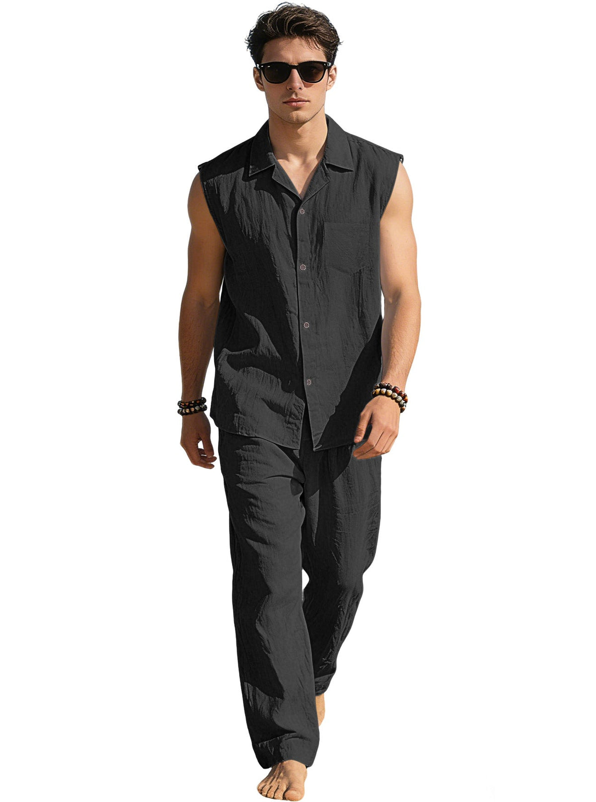 Men's sleeveless linen leisure set with lapel collar, chest pocket, and straight pants