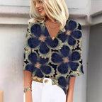 Women's Patterned Blouse with V-Neck and 3/4 Sleeves