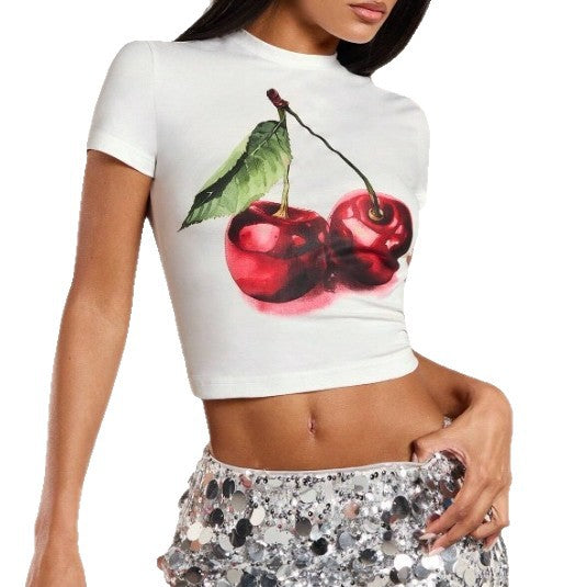 Women's Crop T-Shirt with Cherry Motif