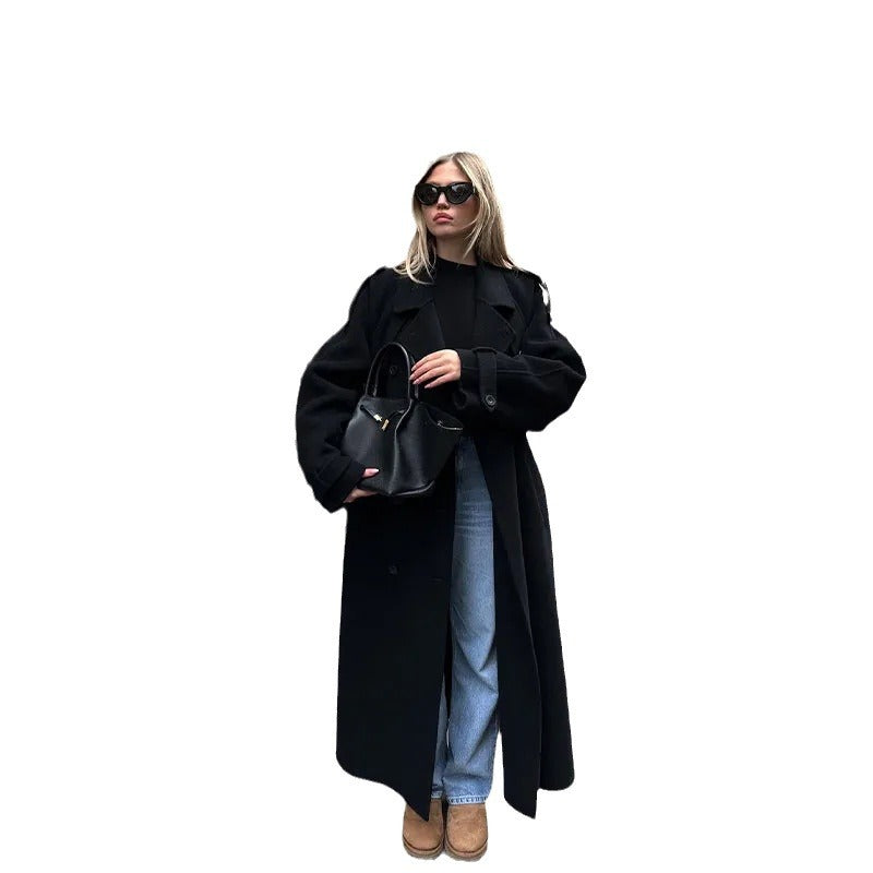 Women's Elegant Oversized Trench Coat with Fashionable Belt and Wide Sleeves