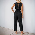Elegant Women's Jumpsuit with Lace Sleeve Accents and Belt