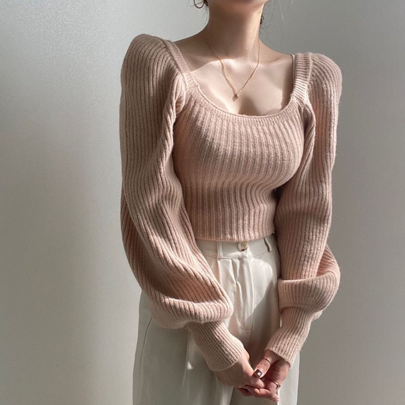Women's Fine Knit Sweater with Square Neck and Wide Sleeves