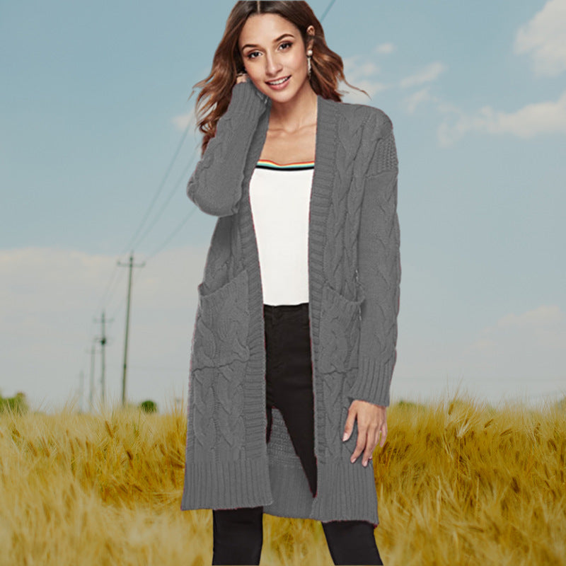 Women's Chunky Knit Cardigan with Deep Pockets and Decorative Cable Knit