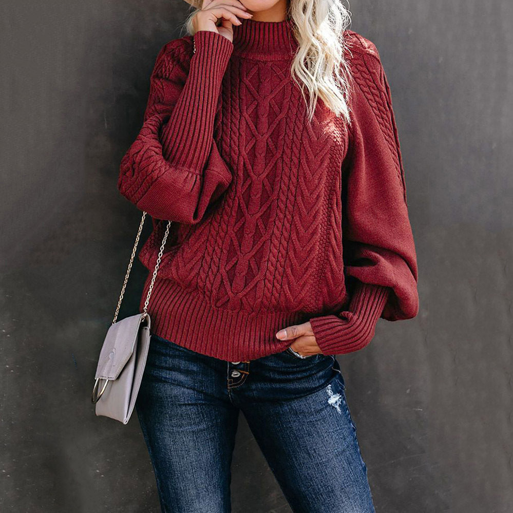 Women's Chunky Knit Sweater with High Neck and Casual Balloon Sleeves