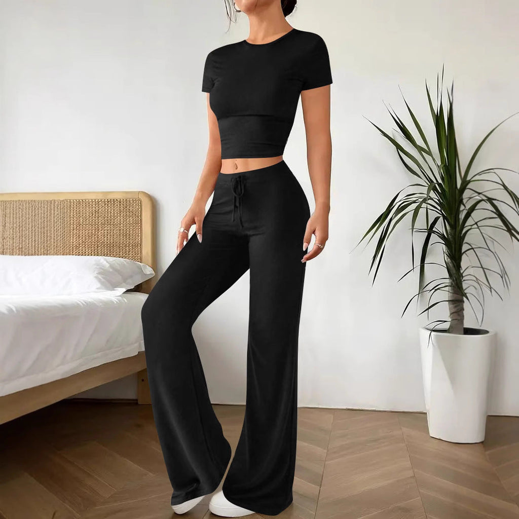 Women's Casual Lounge Set with Crop Top and Wide-Leg Pants