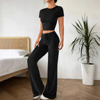 Women's Casual Lounge Set with Crop Top and Wide-Leg Pants