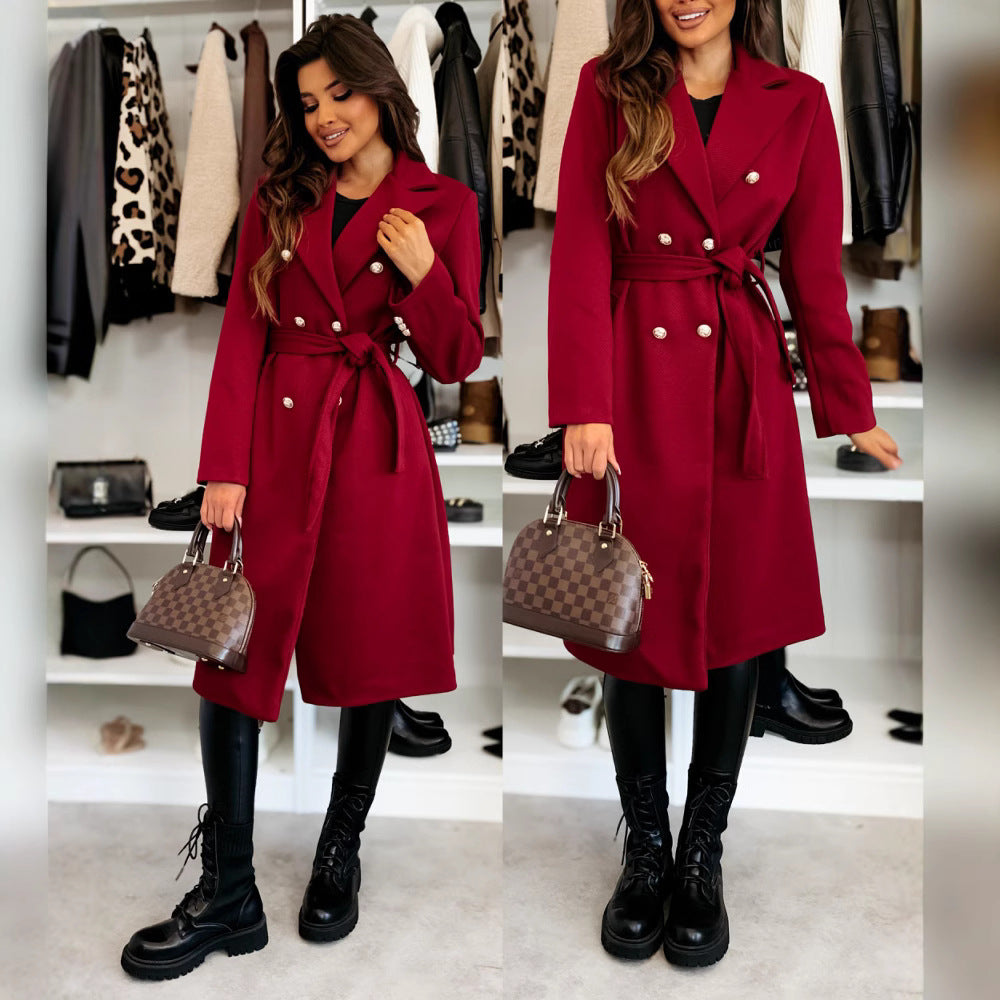Elegant Coat with Waist Belt and Double Button Placket