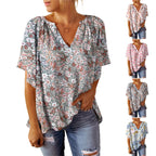 Women's Airy V-Neck Blouse with Floral Pattern
