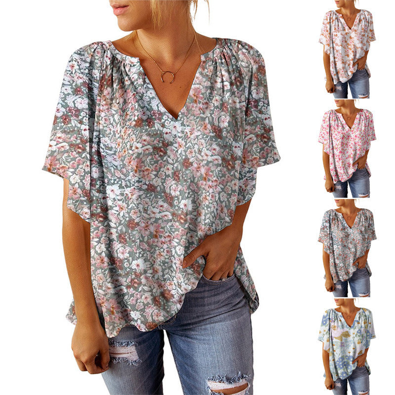 Women's Airy V-Neck Blouse with Floral Pattern