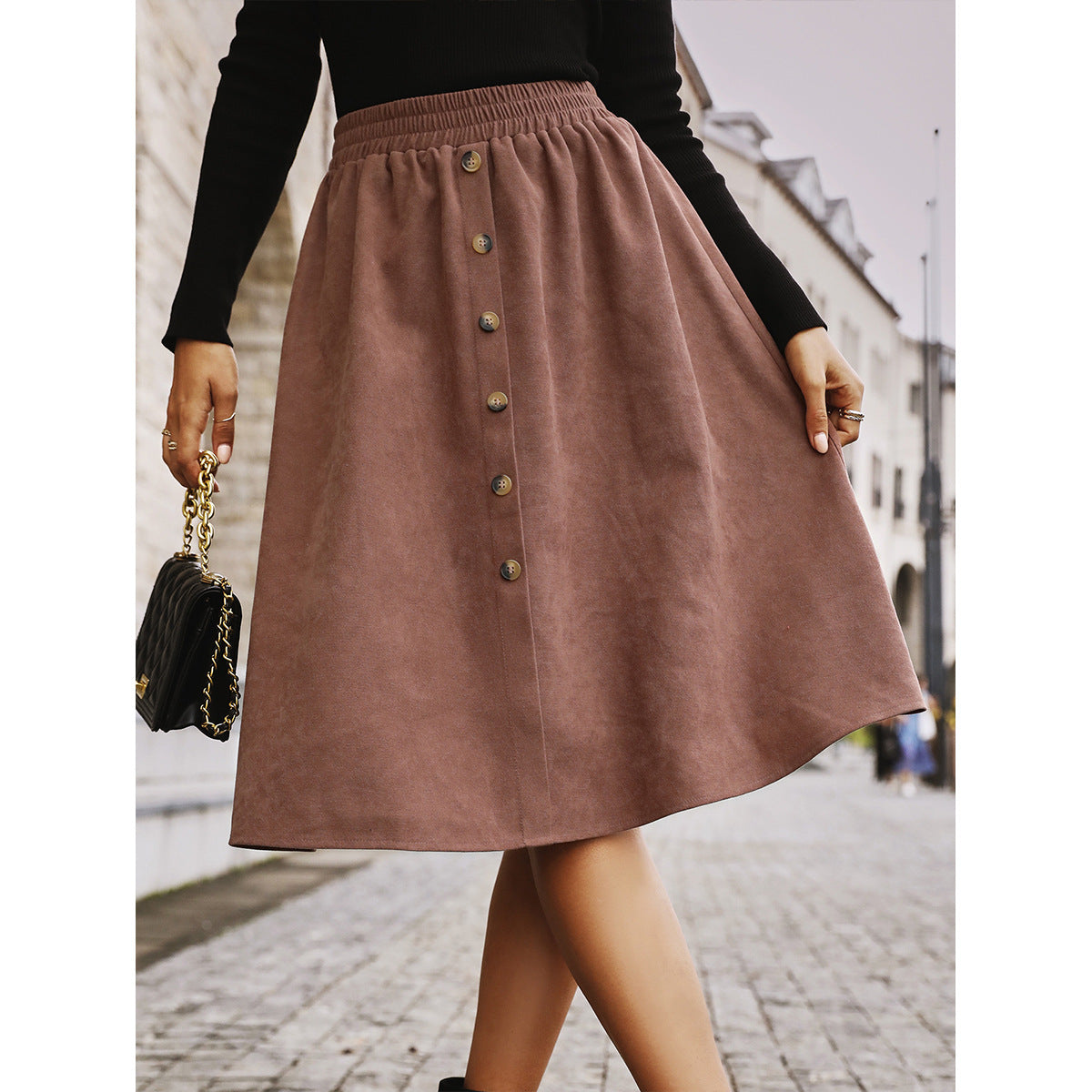 Women's Midi Suede Skirt with Button Details