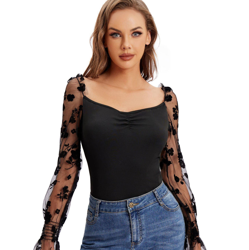 Women's Bodysuit with Floral Puff Sleeves