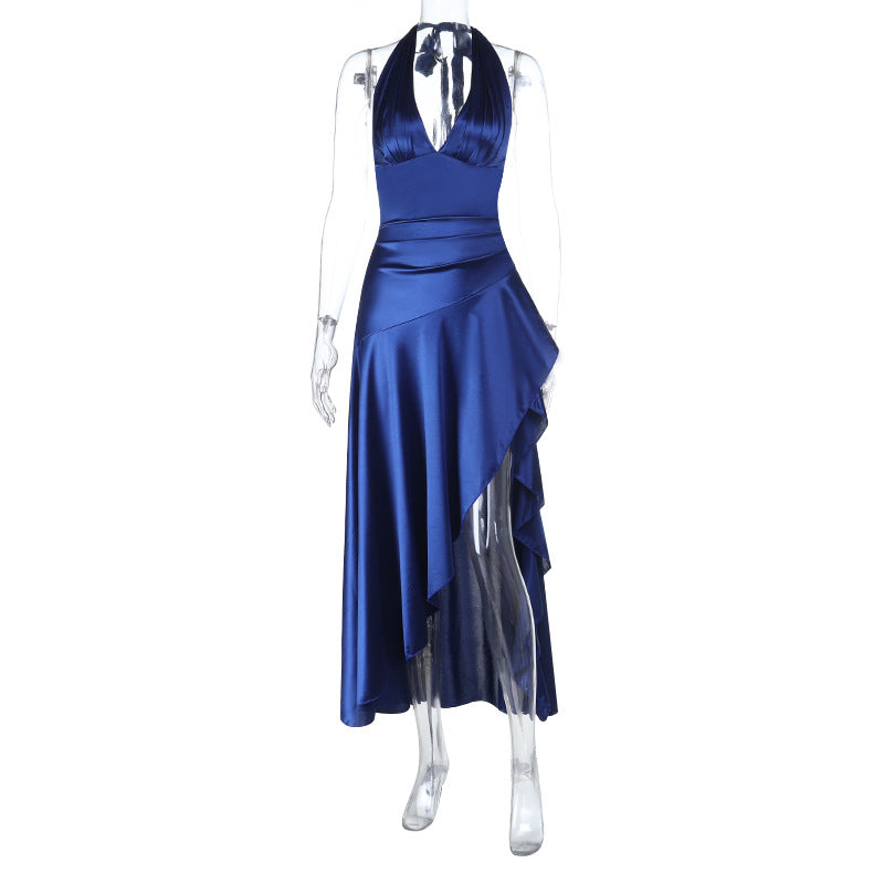 Women's Asymmetrical Satin Maxi Dress with Deep V-Neck