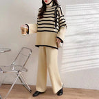 Women's Casual Knit Ensemble with High Collar and Wide Sleeves