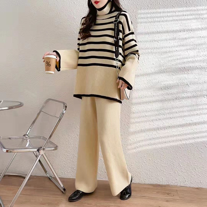 Women's Casual Knit Ensemble with High Collar and Wide Sleeves