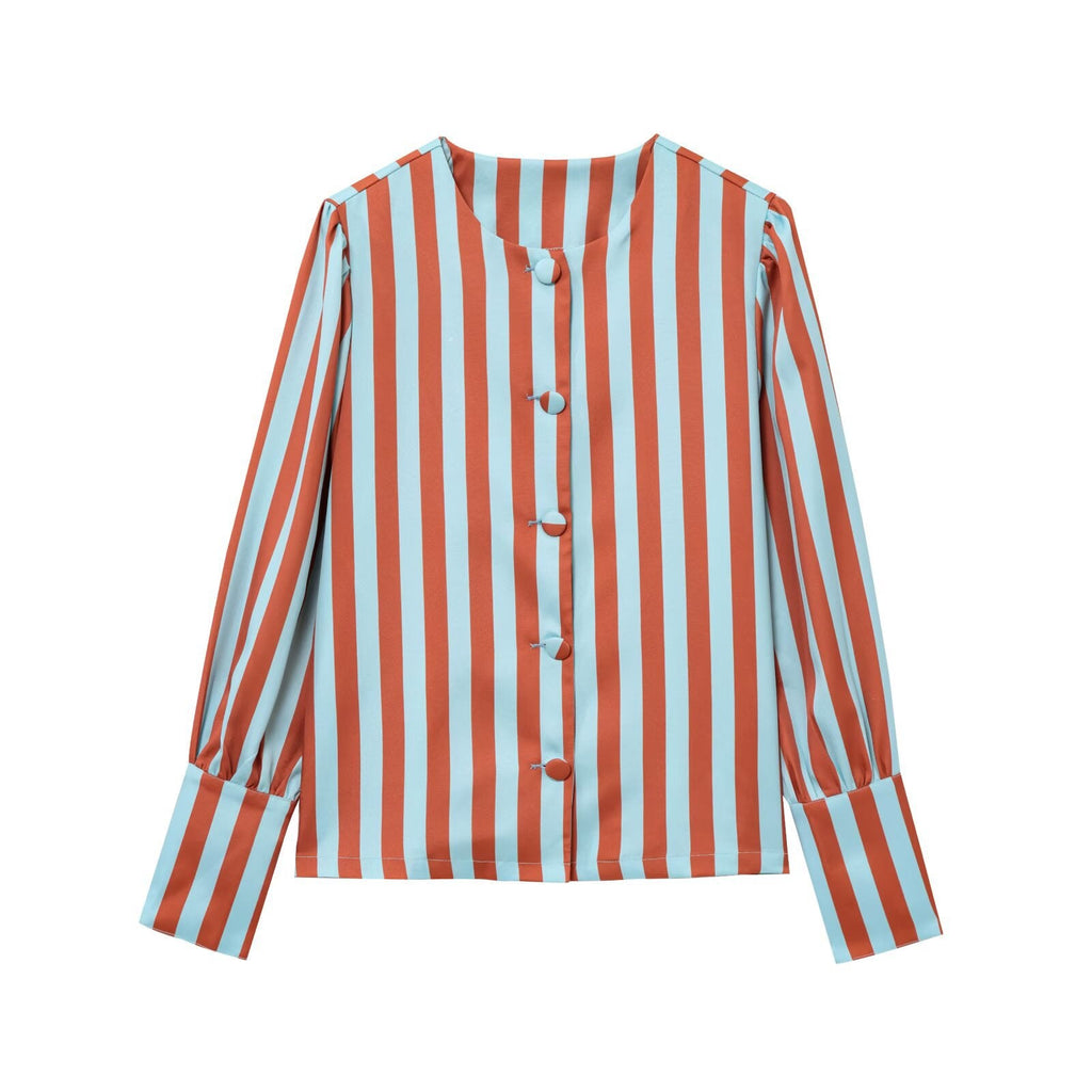 Women's Long Sleeve Striped Blouse with Puff Sleeves