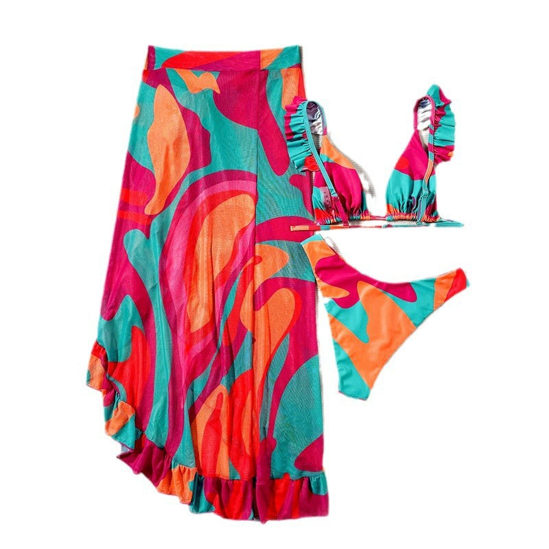 Women's Fringed Swimsuit Set with Colorful Pattern