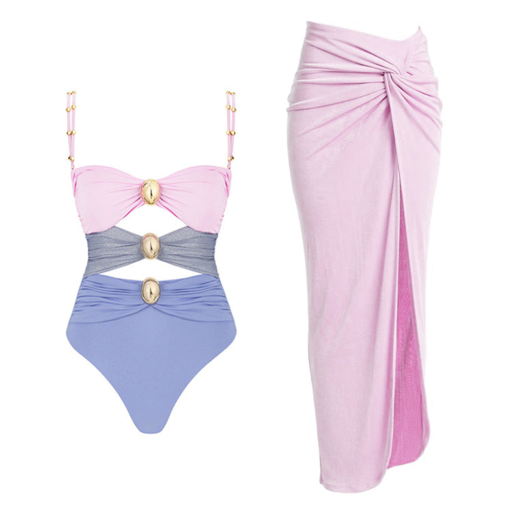 Women's Swimsuit with Draping and Gold Accents