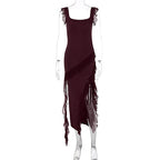 Women's Asymmetrical Maxi Dress with Ruffles and High Slit