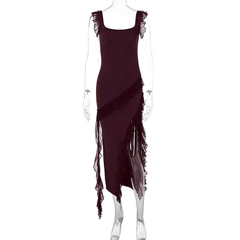 Women's Asymmetrical Maxi Dress with Ruffles and High Slit