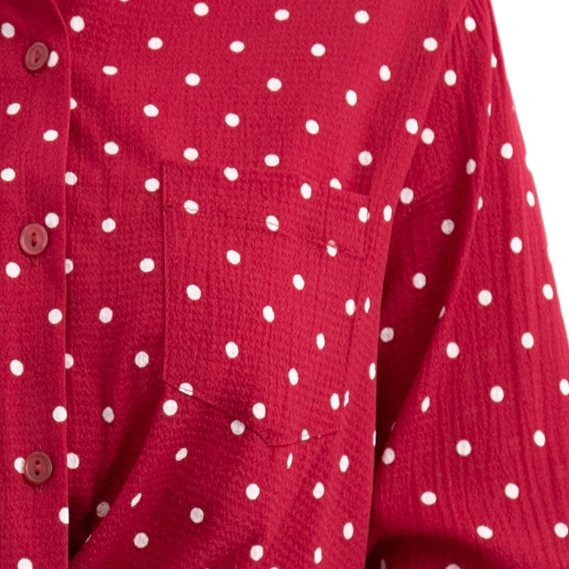 Women's Short Sleeve Knot Shirt with Polka Dot Pattern