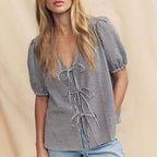 Women's Blouse with Knot Detail and Puffy Sleeves