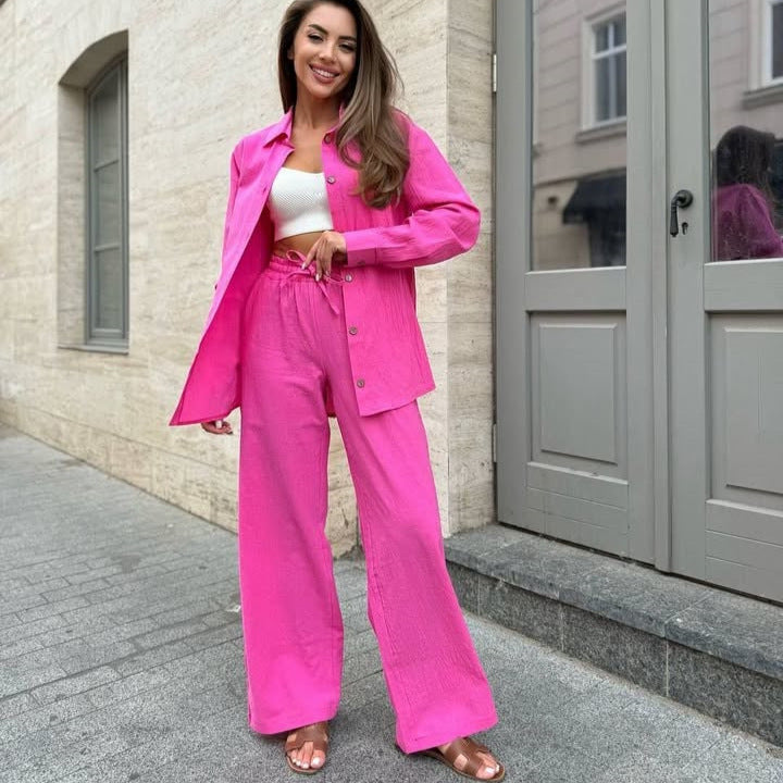 Women's Elegant Two-Piece Shirt and Wide-Leg Pants Set