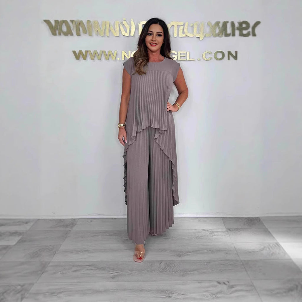 Women's Casual Pleated Pantsuit with Overlapping Top