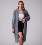 Women's Fluffy Long Knit Coat with Side Slit and Loose Fit